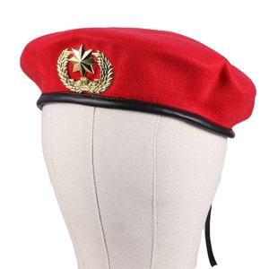 <b>Red</b> <b>Wool</b> Beret With Gold Star Emblem Formal Hat For Adults Unisex Four Seasons Wear 56-58CM - Product Image 1