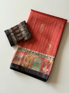 Sari en soie royale traditionnelle Dola, tissé au Jari, avec motif jacquard imprimé numériquement, idéal pour les occasions festives - Product Image 1