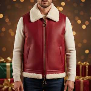 <b>Mens</b> Red Genuine Leather Shearling Vest <b>Sheepskin</b> Winter Warm Fur <b>Gilet</b> Motorcycle Biker Jacket Sleeveless Christmas Outerwear - Product Image 3
