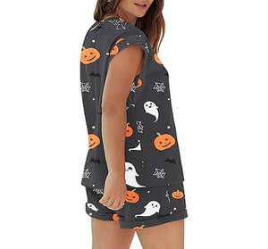 Conjunto de pantalones cortos sin mangas con estampado de dibujos animados de Halloween para mujer, conjunto informal holgado de dos piezas con cuello redondo y bolsillos - Product Image 2