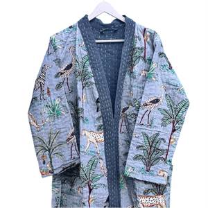 Dhati Handicrafts KK101 Unisex Long Cotton Quilted Indian Robe Animal <b>Kantha</b> <b>Jacket</b> Breathable Eco-Friendly Quick Dry Liner Belt - Product Image 1