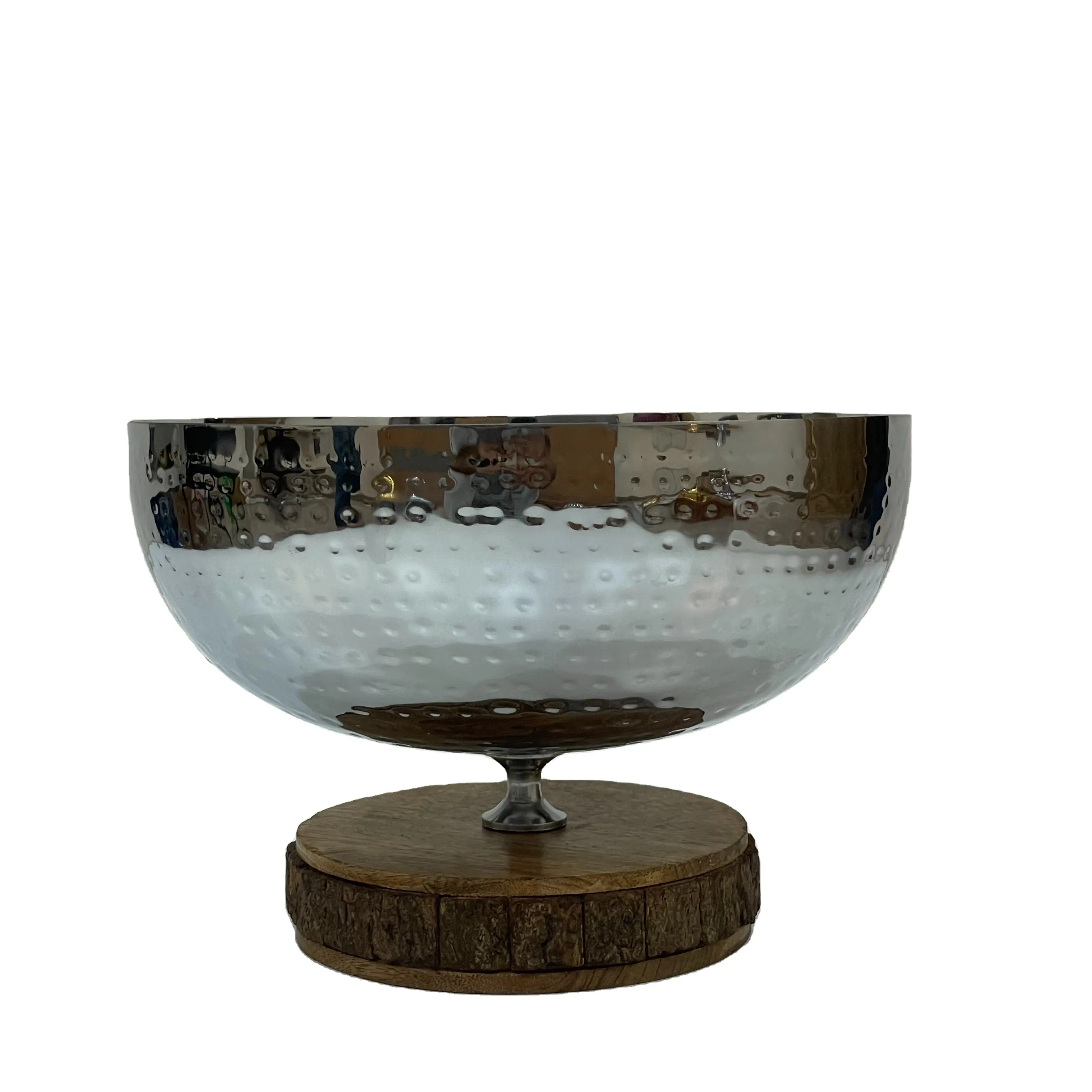 Посеребренная металлическая сервировочная чаша с деревянной подставкой высокого качества в современном стиле для вечеринок по оптовой цене
