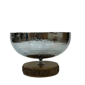 Silver Plated Metal Serving Bowl With Wooden Base Stand High Quality Modern Style for <b>Table</b> Top Parties in Wholesale Price - Product Image 1