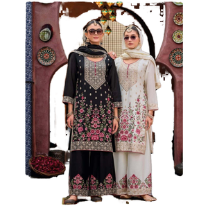 Conjunto de ropa de fiesta para mujer de diseñador Top Plazzo y Dupatta hechos a mano con espejo Real para ocasiones especiales - Product Image 1