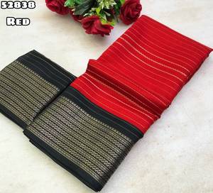 Sari de seda crepé rojo Mysore con borde de zari negro, traje tradicional indio para bodas, para mujer, modelo 52838 - Product Image 2