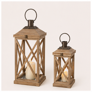 Modern Farmhouse Wood & Metal <b>Candle</b> Lantern <b>Set</b> of 2 Rustic Distressed Firwood Decorative Floor Lanterns for Living Room Decor - Product Image 1
