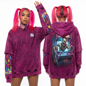 Sudadera con capucha morada personalizada para mujer con estampado gráfico Arcade Zombie, bordado en las mangas con arte pixelado y efecto desgastado, estilo streetwear. - Product Image 1