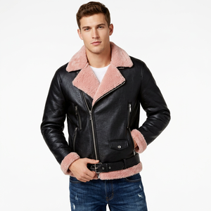 Blouson de motard en cuir noir pour homme avec col en fourrure Sherpa rose, fermeture éclair asymétrique, coupe-vent d'hiver, séchage rapide, style urbain - Product Image 4