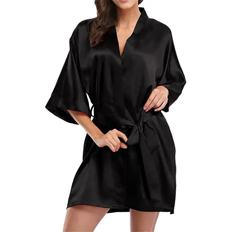 Đồ Ngủ Mùa Hè Chất Lượng Cao Của Phụ Nữ Lụa Satin Belt Bow Robe Sâu V-cổ Áo Ngủ Sexy Cardigan Mặc Váy Ngủ