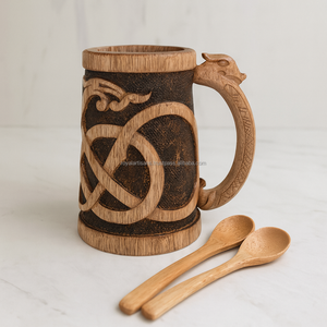 Tasse à bière en bois rustique faite à la main avec poignée et cuillères en bois, verres naturels écologiques pour café, thé et bière - Product Image 5