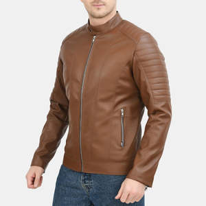 Blouson de motard en cuir d'agneau véritable pour homme, design moderne, col montant, couleur marron clair, fermeture éclair, veste d'hiver pour homme - Product Image 3