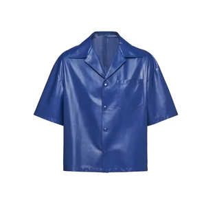 2026 New Design Custom Stand Collar Anti-Wrinkle Breathable <b>Half</b> Sleeve Blue Faux <b>Button</b> Down Chest Pocket Leather <b>Shirt</b> for Men - Product Image 1