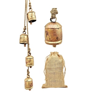 Antique Brass Wind Chime Set with 5 <b>Bells</b> Rustic Home Decor with Jute Pouch for Natural Sound - Product Image 1