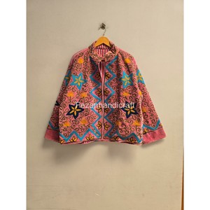 Veste en polaire rose brodée à la main avec motif floral géométrique, col mandarin, fermeture éclair, vêtements d'extérieur pour femmes, automne - Product Image 3