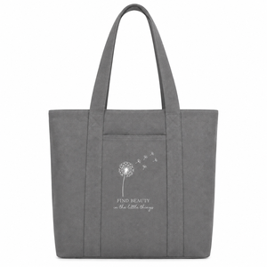 Sac fourre-tout en toile de coton gris avec fermeture éclair, pour le shopping et les voyages, motif feuilles 'Live Simply Bloom Wildly', 36x40x12 cm, capacité 17-20L - Product Image 1