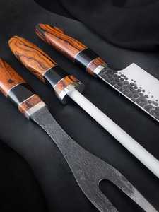 Handmade Carbon Steel <b>Knife</b> <b>Set</b> With Wood Handle 3-Piece Includes Chef <b>Knife</b> Fork And Skewer <b>Sharp</b> And Durable For Kitchen Use - Product Image 5