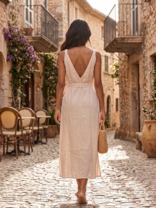 Boho V-Neck Sleeveless Maxi <b>Dress</b> with Belt <b>Loose</b> Fit Breathable 100% Rayon Crepe Solid Sweet Cute Summer Casual Wear - Product Image 5