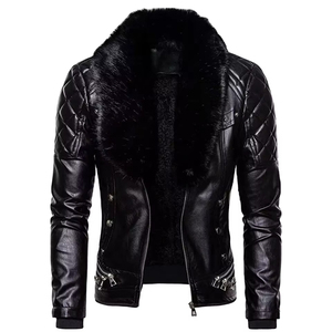 Chaqueta de Cuero Genuino para Hombre, Otoño Invierno, a Cuadros/Color Sólido, Resistente al Viento, Ecológica, Estilo Urbano, Cierre de Cremallera, Manga Larga - Product Image 2
