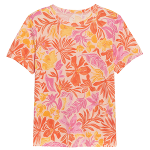 Women Summer Casual T <b>Shirt</b> <b>Tropical</b> Floral Print Crew Neck Short Sleeve Women Regular Fit Peach Cotton Top - Product Image 1