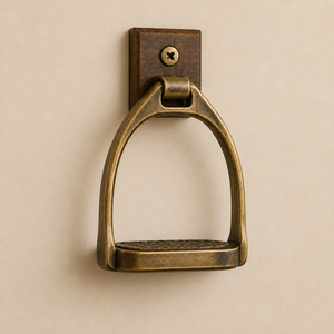Porte-serviettes mural décoratif en métal d'inspiration équestre, avec un casque d'équitation antique doré détaillé et un polo croisé - Product Image 6