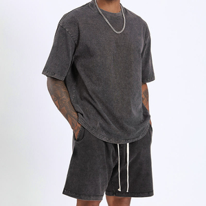 Men's Plus Size Black Short Sleeve T-Shirt Shorts <b>Set</b> Solid Color Casual Summer Wear <b>Knitted</b> Cotton Fabric - Product Image 1