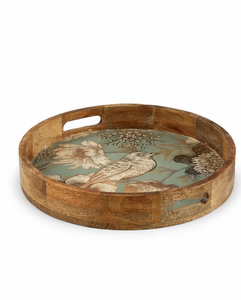 Handmade Round Wooden Serving Tray with Bird Floral <b>Print</b> Decorative Tea <b>Coffee</b> Serving Tray - Product Image 2