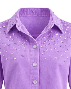 Chaqueta Vaquera Corta Personalizada para Mujer, Color Lavanda, con Adornos de Pedrería, Botones, Manga Larga, Estilo Casual Urbano - Product Image 3