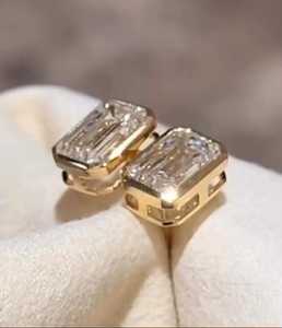 Boucles d'oreilles solitaires en diamant de laboratoire scintillant 1,00 carat, taille émeraude, pour unisexe, en or massif 14 carats, bijoux fins pour fiançailles et promesse - Product Image 4