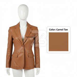 OEM ODM Women's Genuine <b>Leather</b> <b>Blazer</b> <b>Jacket</b> Tailored Single Breasted Coat Camel Tan Custom Logo - Product Image 2
