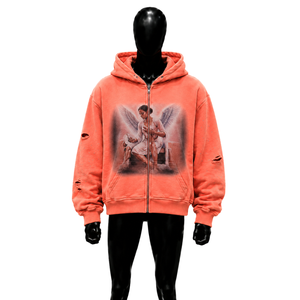 Sweat à capuche zippé avec motif ange corail vieilli, style streetwear, design ange vintage, transfert par sublimation, 100% polyester, French Te - Product Image 1