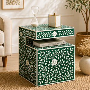 Stylish Resin Bone Inlay Nightstand With Shelf Luxurious End <b>Table</b> Floral Design Modern Side <b>Table</b> Premium Accent Cabinet - Product Image 1