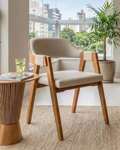 Fauteuil en bois à dossier incurvé de style nordique avec assise rembourrée en tissu taupe et accoudoirs en corde tressée - Product Image 1