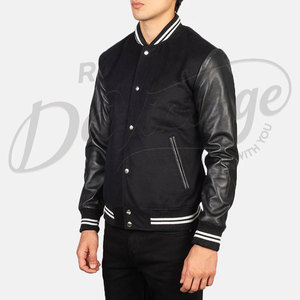 Veste universitaire noire personnalisée pour homme, corps en laine, manches en cuir, style bomber, coupe ajustée, veste de sport universitaire - Product Image 4