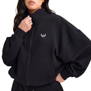 Chaqueta Negra Tipo Waffle con Cierre Completo, Cuello Alto, Manga Larga, Informal, para Gimnasio, Uso Diario, Cómoda - Product Image 4