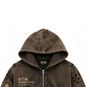RTW Industries <b>Men's</b> Oversized <b>Hooded</b> Zip-Up <b>Denim</b> <b>Jacket</b> Camouflage Print Streetwear Style Stonewashed Brown - Product Image 5