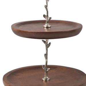 Soporte de pastel de madera de 2 niveles con base de metal plateado con diseño de hoja de roble, bandeja de servir escalonada, soporte decorativo para pastel para fiestas de té y decoración del hogar. - Product Image 6