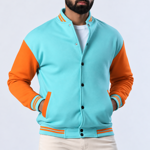 Blouson universitaire en laine pour homme, color block, avec col montant et fermeture boutonnée recouverte, coupe droite, vêtement d'extérieur décontracté d'hiver, style urbain - Product Image 1