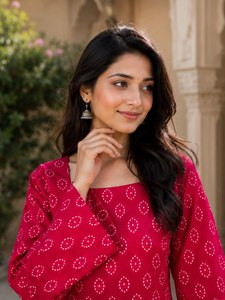 Conjunto de Salwar Patiala de Algodón Estampado, Estampado Jaipuri Bandhani, Corte Ajustado, Secado Rápido, Kurta para Mujer, Pantalón Tulip, para Fiestas, Casual, Uso Diario - Product Image 5