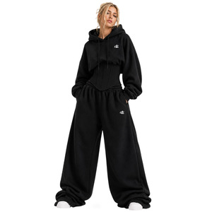Ensemble de survêtement Y2K Automne Hiver Jaune Moutarde avec sweat à capuche court brodé et pantalon de survêtement en coton épais à jambe large avec taille corset personnalisée - Product Image 5