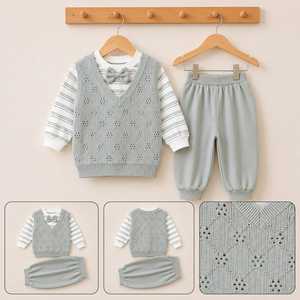 Conjunto de Ropa Suave para Bebé, Chaleco de Punto con Cuello en V de Manga Larga, Pantalones Sólidos, Ropa Cómoda para Bebés, Cintura Elástica, Informal, Otoño - Product Image 4