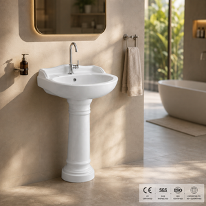 Lavabo sur pied ovale traditionnel avec drain, capacité 12L, robinet à levier monotrou, montage au sol, certifié NSF pour salle de bain - Product Image 3
