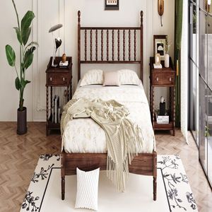 Letto matrimoniale in legno stile retrò con testiera intagliata a forma di zucca, colore noce, dotato di supporto a doghe in legno fatto a mano - Product Image 3