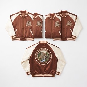 Wholesale Satin Bomber Jacket Chestnut Brown Ivory Watermill Embroidered Varsity <b>Coat</b> Front Zip Outerwear Direct Factory - Product Image 1