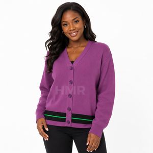 HMR Sisterhood Sorority Acrylic Women's <b>Purple</b> Knitted <b>Cardigan</b> Sweater V Neck Long Sleeve Button-Front Casual Solid - Product Image 1