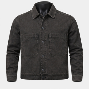 Custom Logo <b>Men's</b> Black Denim <b>Jacket</b> High Quality Utility Overshirt Cotton Denim <b>Chore</b> <b>Jacket</b> Male Workwear - Product Image 4