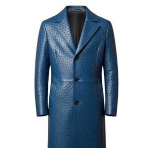 Manteau long élégant bleu en cuir de vachette gaufré effet autruche, col rabattu, artisanat de qualité supérieure, motif tendance, look décontracté, best-seller - Product Image 6