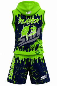 Conjunto de Camiseta y Pantalones Cortos de Baloncesto con Capucha, Color Verde Neón, Diseño de Monstruos, Gráfico Sublimado, Uniforme de Equipo Personalizado - Product Image 3