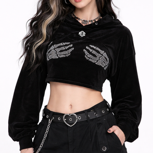 Haut court tendance pour femme en molleton doux noir avec motif graphique en strass, manches longues, style streetwear, personnalisable, marque privée, vente en gros, USA - Product Image 6