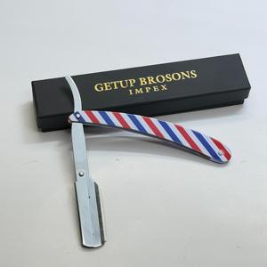 Getup Brosons Impex <b>Single</b> <b>Blade</b> Stainless Steel Safety <b>Razor</b> Red Blue White Striped Handle Men's Wet Shaving Barber Shop Use - Product Image 2
