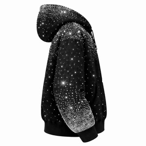 Sudaderas con capucha oversize de streetwear al por mayor con pedrería, 100% algodón polar, color negro, con media cremallera, para unisex - Product Image 4